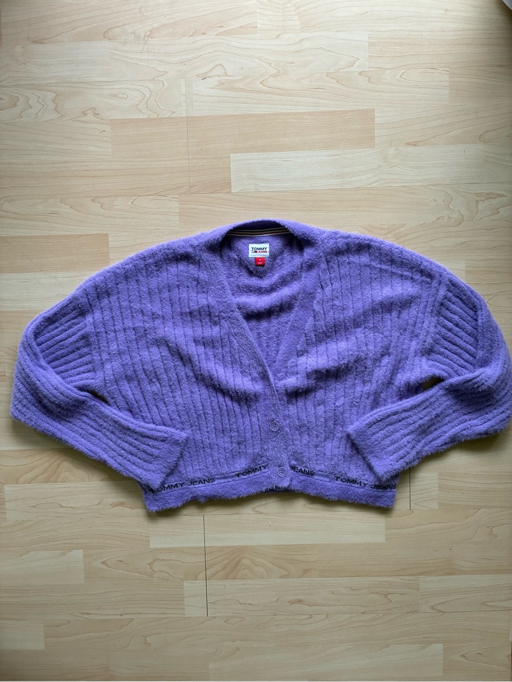 Tommy Jeans Purple Rib-Knit Button Front V-Neck Cropped Cardigan Sweater M